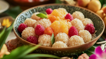 A close-up of a bowl of showcasing delicate rice dumplings and vibrant fruits, surrounded by traditional decorations for a cultural event.の素材