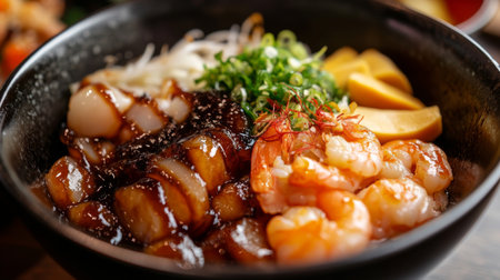A close-up of a rich bowl of featuring shrimp, scallops, and squid, with a drizzle of soy sauce and a side of pickled vegetables for added flavor.の素材
