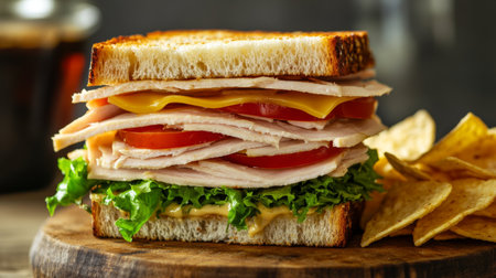 A close-up of a freshly made sandwich stacked high with layers of turkey, lettuce, tomatoes, and cheese, served on a wooden board with a side of crispy chips.の素材
