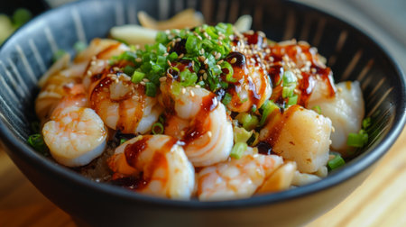 A close-up of a rich bowl of featuring shrimp, scallops, and squid, with a drizzle of soy sauce and a side of pickled vegetables for added flavor.の素材