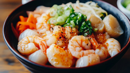 A close-up of a rich bowl of featuring shrimp, scallops, and squid, with a drizzle of soy sauce and a side of pickled vegetables for added flavor.の素材