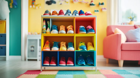 A child colorful shoe rack filled with fun, playful footwear, set in a bright bedroom, highlighting the joy and creativity in kids' fashion choices.の素材