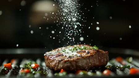 A close-up of a salt grinder in action, with freshly ground cooking salt falling over a grilled steak, capturing the moment of flavor enhancement.の素材