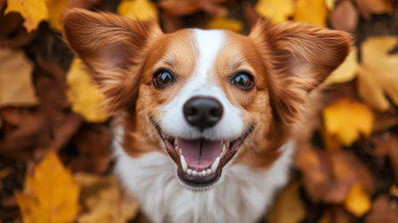 A close-up of a dog face with a big smile, surrounded by autumn leaves, emphasizing the happiness that pets bring into our livesの素材
