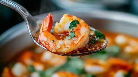 A close-up of a spoonful of being lifted from the bowl, with shrimp and herbs visible, emphasizing the dish's vibrant colors and fresh ingredients.の素材