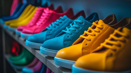A close-up of a shoe rack with vibrant sneakers and elegant heels, emphasizing the diversity of footwear styles and the importance of proper storage.の素材