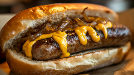 A close-up of a sausage sandwich with melted cheese, caramelized onions, and mustard, served on a crusty bun at a food truck festival.の素材