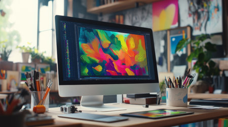A close-up of a designer's workspace featuring a computer screen with a vibrant graphic design in progress, surrounded by digital tablets and creative toolsの素材