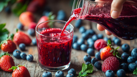 A close-up of a hand pouring mixed berry juice into a glass, surrounded by blueberries, raspberries, and strawberries on a rustic table.の素材