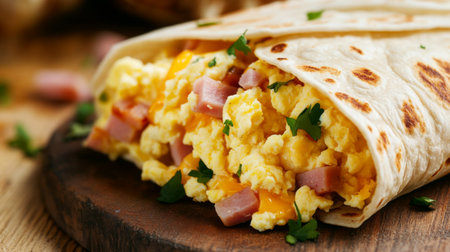 A close-up of scrambled eggs folded into a warm tortilla, with additional ingredients like cheese and ham, showcasing a delicious breakfast burritoの素材