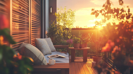 A cozy house balcony with wooden furniture, potted plants, and soft cushions, overlooking a beautiful sunset with a peaceful atmosphere.の素材
