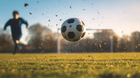 A close-up of a soccer ball in mid-air as it's being kicked, with a blurred background of a grassy field and goalposts, capturing dynamic action.の素材