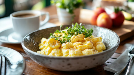 A stylish breakfast table with a bowl of scrambled eggs, lightly seasoned and garnished, along with a side of fresh fruit and a cup of coffeeの素材