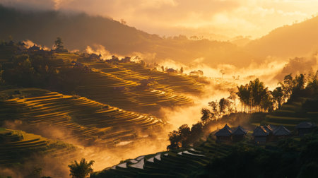 A sunrise view over terraced rice fields with mist rising from the paddies and the first light illuminating the intricate layers of the fieldsの素材