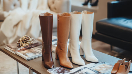 A stylish assortment of fashion boots, including knee-high and ankle styles, arranged on a chic display table with fashion magazines and accessories.の素材