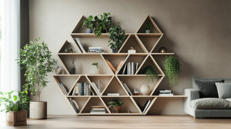 A set of modular shelving units arranged in a geometric pattern, displaying a combination of books, plants, and decorative pieces in a stylish living area.の素材