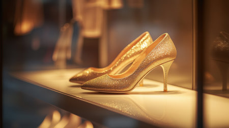 A stylish pair of high-heeled shoes in a chic boutique, set on a polished display shelf with soft lighting to emphasize their elegance and fashion-forward look.の素材