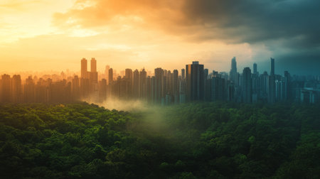 A time-lapse image of a city showing the transition from green forests to urban sprawl and smog, illustrating the long-term impact of global warming.の素材