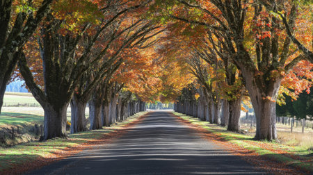 A tree-lined avenue with autumn foliage creating a vibrant tunnel of colors, capturing the beauty of seasonal changes along a peaceful road.の素材