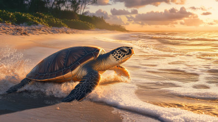 A sea turtle making its way towards the shore, with the early morning light casting a warm glow over its shell and the surrounding beach environment.の素材