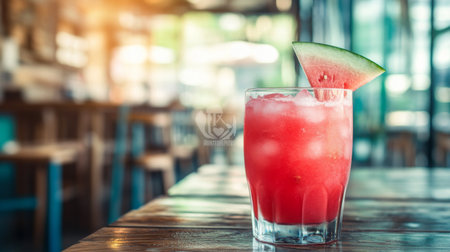A refreshing glass of watermelon juice with crushed ice, garnished with a small watermelon wedge, served in a minimalist cafe setting.の素材