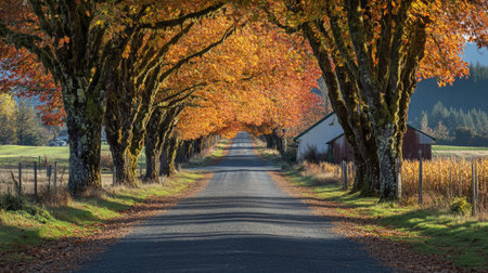 A tree-lined avenue with autumn foliage creating a vibrant tunnel of colors, capturing the beauty of seasonal changes along a peaceful road.の素材
