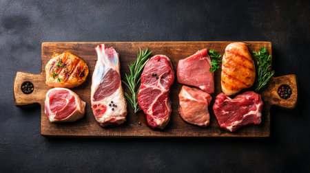 A selection of raw meats including beef steaks, chicken breasts, and pork chops arranged on a cutting board, showcasing different types of meat ready for cooking.の素材
