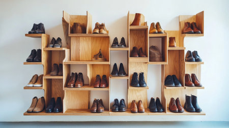 A wooden shoe rack with multiple shelves, featuring a variety of stylish shoes and boots, set against a clean, contemporary backdrop.の素材