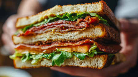 A close-up of a hand holding a delicious club sandwich, with layers of bacon, lettuce, and tomato visible, showcasing the mouthwatering appeal of classic sandwiches.の素材