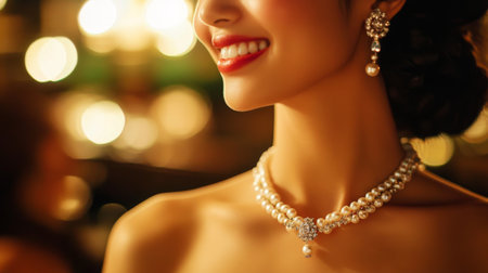A woman in a luxurious evening gown wearing a stunning set of pearl earrings and necklace, smiling confidently at a glamorous event.の素材