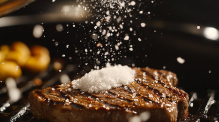 A close-up of a salt grinder in action, with freshly ground cooking salt falling over a grilled steak, capturing the moment of flavor enhancement.の素材