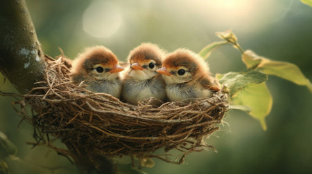 A charming image of baby birds huddled together in a nest on a tree branch, with feathers slightly ruffled by a gentle breeze, showcasing their innocence.の素材
