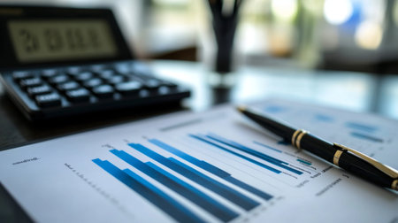 A close-up of a printed report with a bar chart, calculator, and pen on a desk, representing a financial analysis in progress.の素材