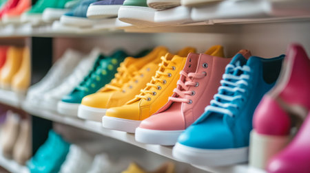A close-up of a shoe rack with vibrant sneakers and elegant heels, emphasizing the diversity of footwear styles and the importance of proper storage.の素材