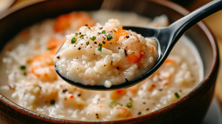 A close-up of a spoonful of creamy seafood rice porridge being lifted from a bowl, emphasizing the texture and richness of the dish, perfect for food photography.の素材