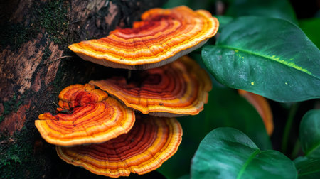 A close-up of vibrant orange and red mushrooms growing on the bark of an old tree, surrounded by lush green leaves, showcasing nature beauty and detail.の素材