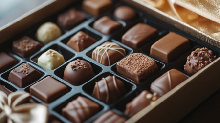 A close-up of assorted luxury chocolates in an elegant box, showcasing different shapes and flavors, with a delicate ribbon tied around the box.の素材