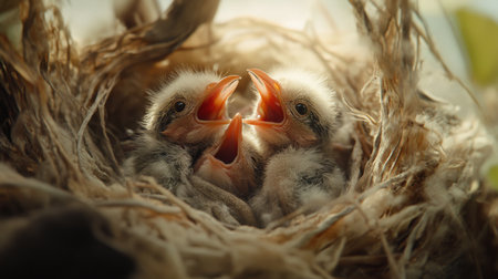 A close-up of fluffy baby birds nestled together in a cozy nest, their beaks wide open, eagerly awaiting food from their parent, capturing the essence of new life.の素材