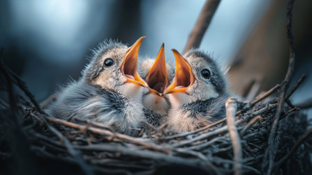 A close-up of fluffy baby birds nestled together in a cozy nest, their beaks wide open, eagerly awaiting food from their parent, capturing the essence of new life.の素材