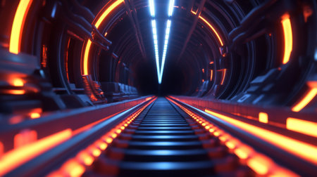 A close-up of train tracks leading into a futuristic tunnel, with dynamic lighting effects, capturing the excitement and speed of high-speed rail travel.の素材
