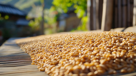 A close-up of rice grains drying under the sun, spread out on a traditional mat, showcasing the process of preparing the harvest for storage and consumptionの素材