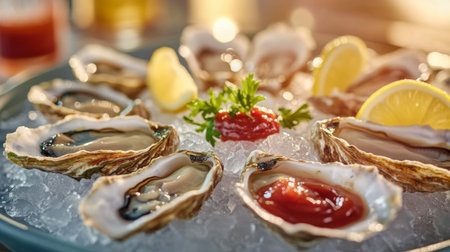A close-up of freshly shucked oysters on a bed of ice, garnished with lemon wedges and cocktail sauce, showcasing a delicious seafood platter ready to enjoy.の素材