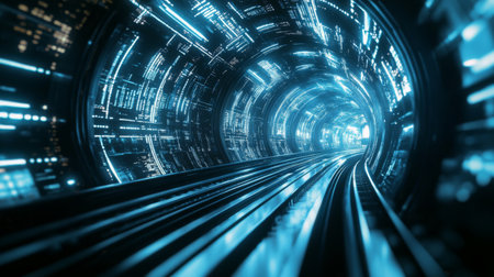 A close-up of train tracks leading into a futuristic tunnel, with dynamic lighting effects, capturing the excitement and speed of high-speed rail travel.の素材