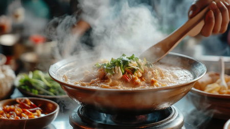 A close-up of freshly cooked being ladled into a bowl, with steam rising and a backdrop of traditional Thai dishes, illustrating the joy of home cooking.の素材