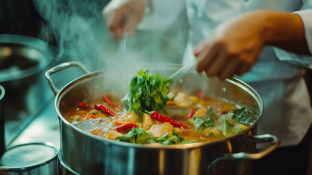A close-up shot of a chef stirring a pot of bubbling with vibrant colors from chili peppers and fresh herbs, showcasing the art of Thai cooking.の素材