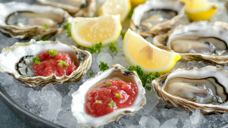 A close-up of freshly shucked oysters on a bed of ice, garnished with lemon wedges and cocktail sauce, showcasing a delicious seafood platter ready to enjoy.の素材