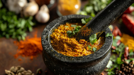 A close-up of homemade curry paste being prepared in a mortar and pestle, with fresh herbs and spices surrounding it, emphasizing traditional cooking methods.の素材