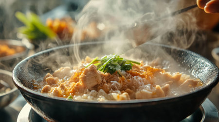 A close-up of freshly cooked being ladled into a bowl, with steam rising and a backdrop of traditional Thai dishes, illustrating the joy of home cooking.の素材