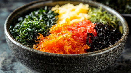 A colorful assortment of dried seaweed snacks in various flavors displayed in a stylish bowl, inviting consumers to enjoy healthy and delicious snacksの素材
