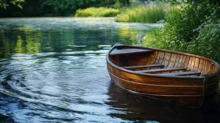 A close-up of a wooden boat moored at the riverbank, with gentle ripples in the water and surrounding flora, emphasizing the harmony between nature and human activityの素材